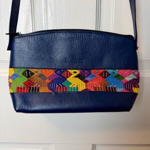 Mamb’atz Guatemalan Colorful Hand Embroidered Blue Leather Boho Crossbody Bag